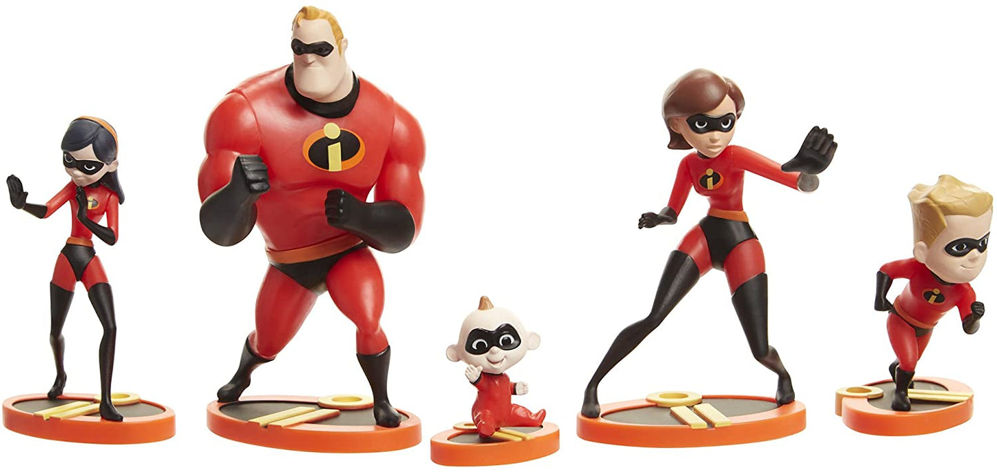 The Incredibles 2, 5 Piece Family Figure Set comes with Mr./Mrs. Incredible, Violet, Dash, Jack-Jack Parr