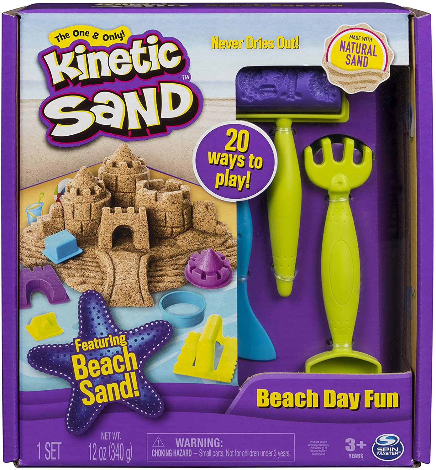 Kinetic Sand, Beach Day Fun Playset with Castle Molds, Tools, and 12 oz. of Kinetic Sand