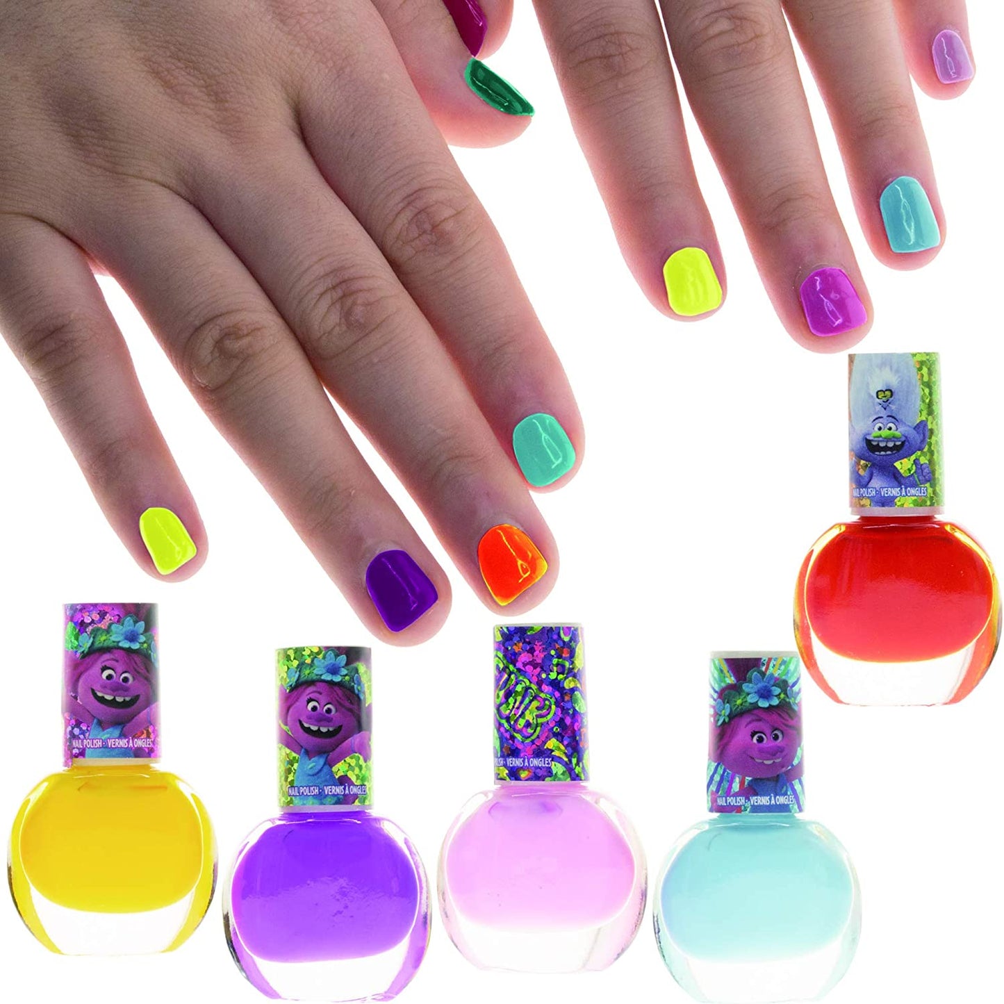 Dreamworks Trolls Non-Toxic Peel-Off Nail Polish, Deluxe Set for Kids, some with Glitter