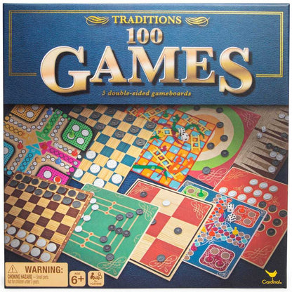 Traditions 100 Board Games Box -  5 double-sided boards, 32 chess/checkers pieces, 16 multicolor pawns, 40 match sticks, 6 dice