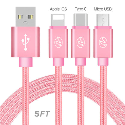 Universal 3in1 USB Braided Round Data Cable 5Ft (Pink or Black)