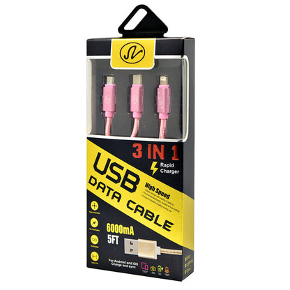 Universal 3in1 USB Braided Round Data Cable 5Ft (Pink or Black)