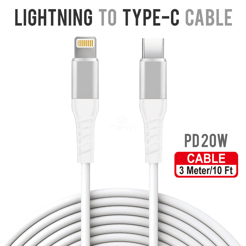 Universal LIGHTNING TO TYPE-C CABLE 10 Ft. (White or Black)
