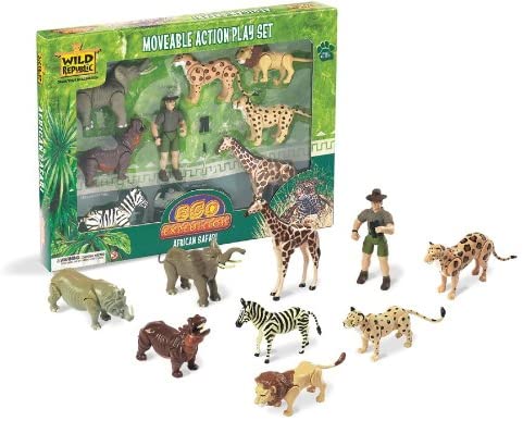 Wild Republic Movable Set Safari, Elephant, Rhinoceros, Zebra, Leopard, Lion, Cheetah, Giraffe, Hippopotamus, Game Warden, Binoculars, Machete