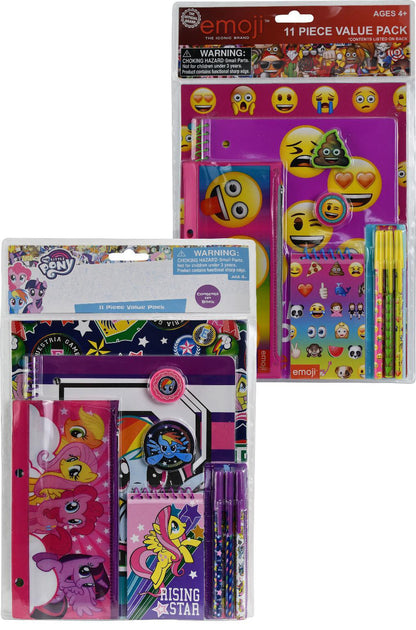 11 Piece stationery School Supplies Set Folders Pens Notebook Pencil Case, Assortment: My Little Pony & Emoji