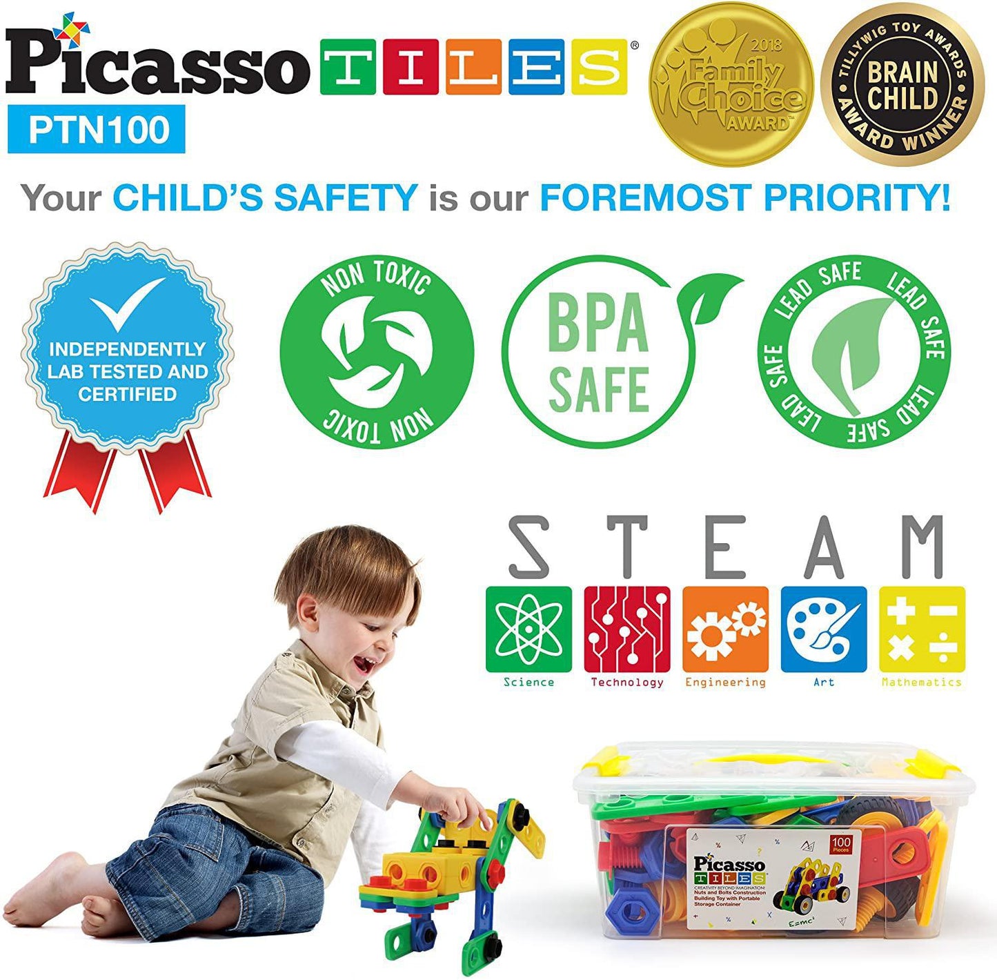 PicassoTiles Learning S.T.E.A.M. Engineering Toy Kit Building Block 3D Construction Stacking Set 100pc