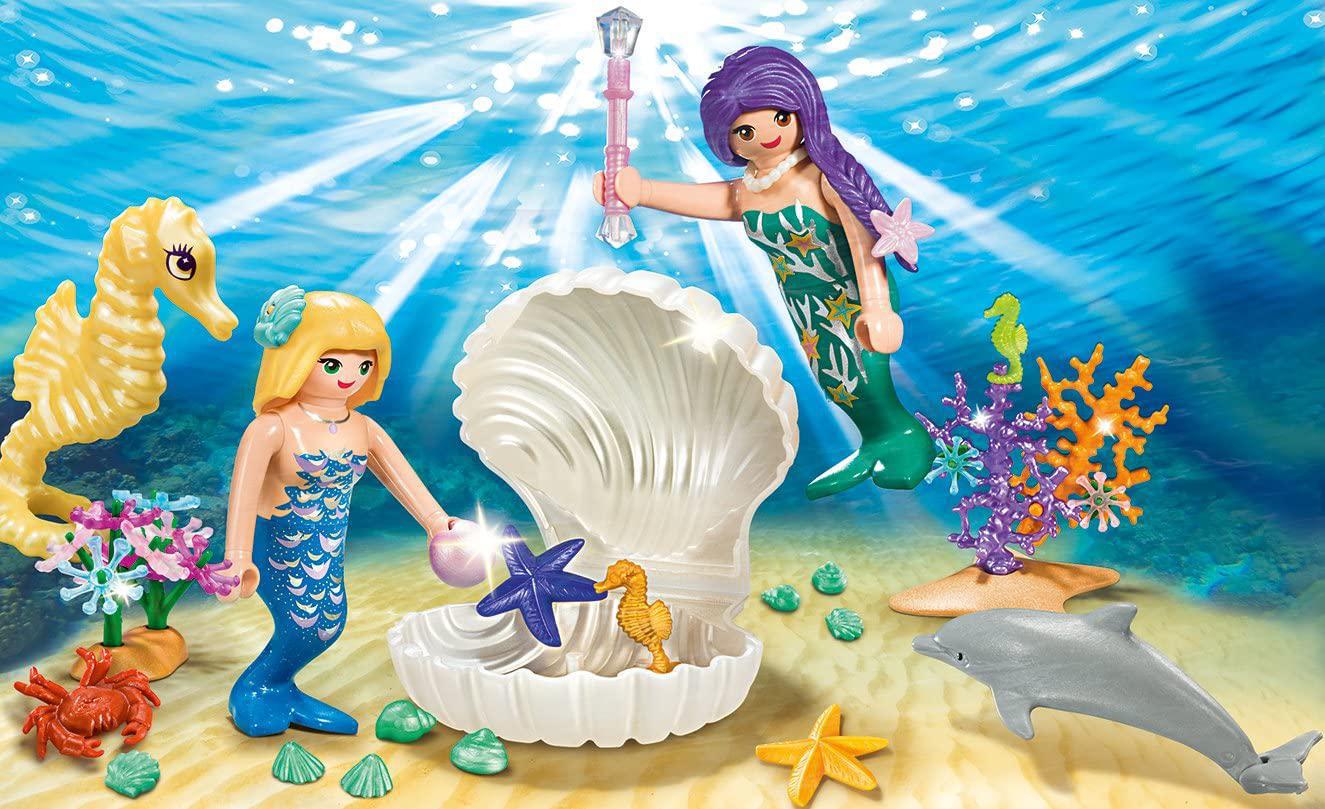 PLAYMOBIL Magical Mermaids Carry Case Building Set, Includes two Mermaids, seahorses, dolphin, large shell, crab, starfish, coral, hair clips