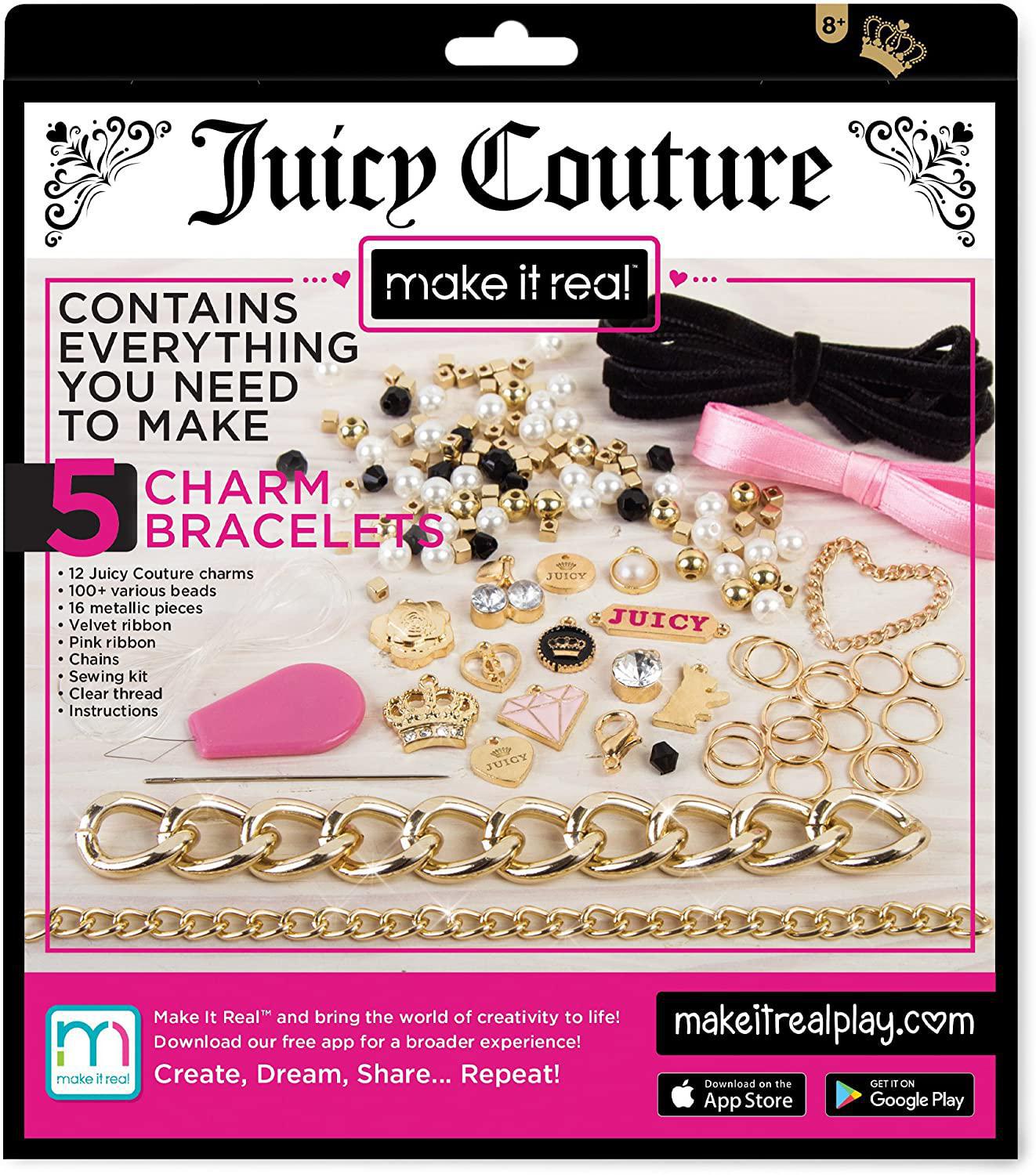 Make It Real - Juicy Couture Chains and Charms - DIY Charm Bracelet Making Kit for Girls - Feature Beads, Velvet Ribbon, Gold Chains