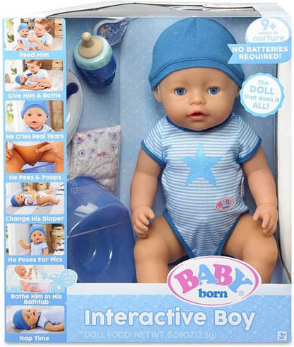 Baby Born Interactive Boy Doll, Includes: birth Certificate, bottle, pacifier, diaper, plate, spoon, potty seat, baby food packet