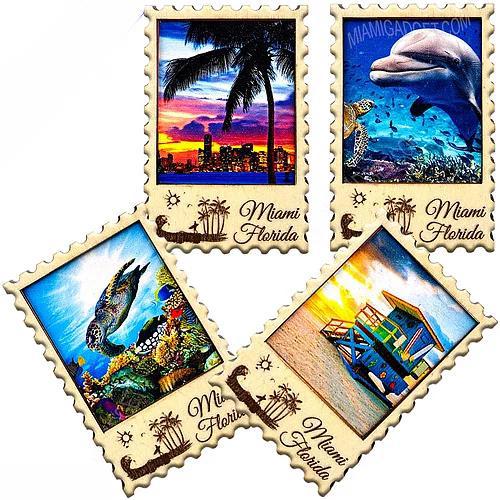 Miami Florida UV Wood Mini Poster Stamp Magnet, Souvenir Gift - Fridge & Home Magnet - Assortment, 3" (Random Pick- 1Pcs)