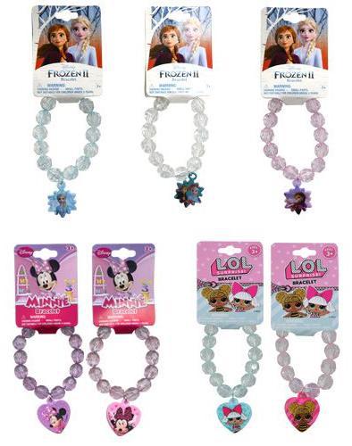 Faceted Beaded Bracelet Plastic Character Charm Cute Girly Arm Accessory in Pink, Blue, Purple Assorted Minnie, Frozen, LOL