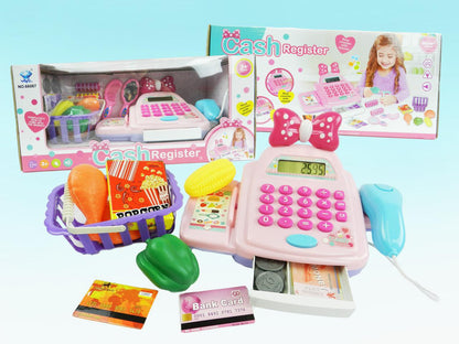 Pretend & Play Toy Cash Register - Includes Play Money Handheld Scanner, Scale & Calculator, Food Boxes Plastic Fruit & Basket Pink