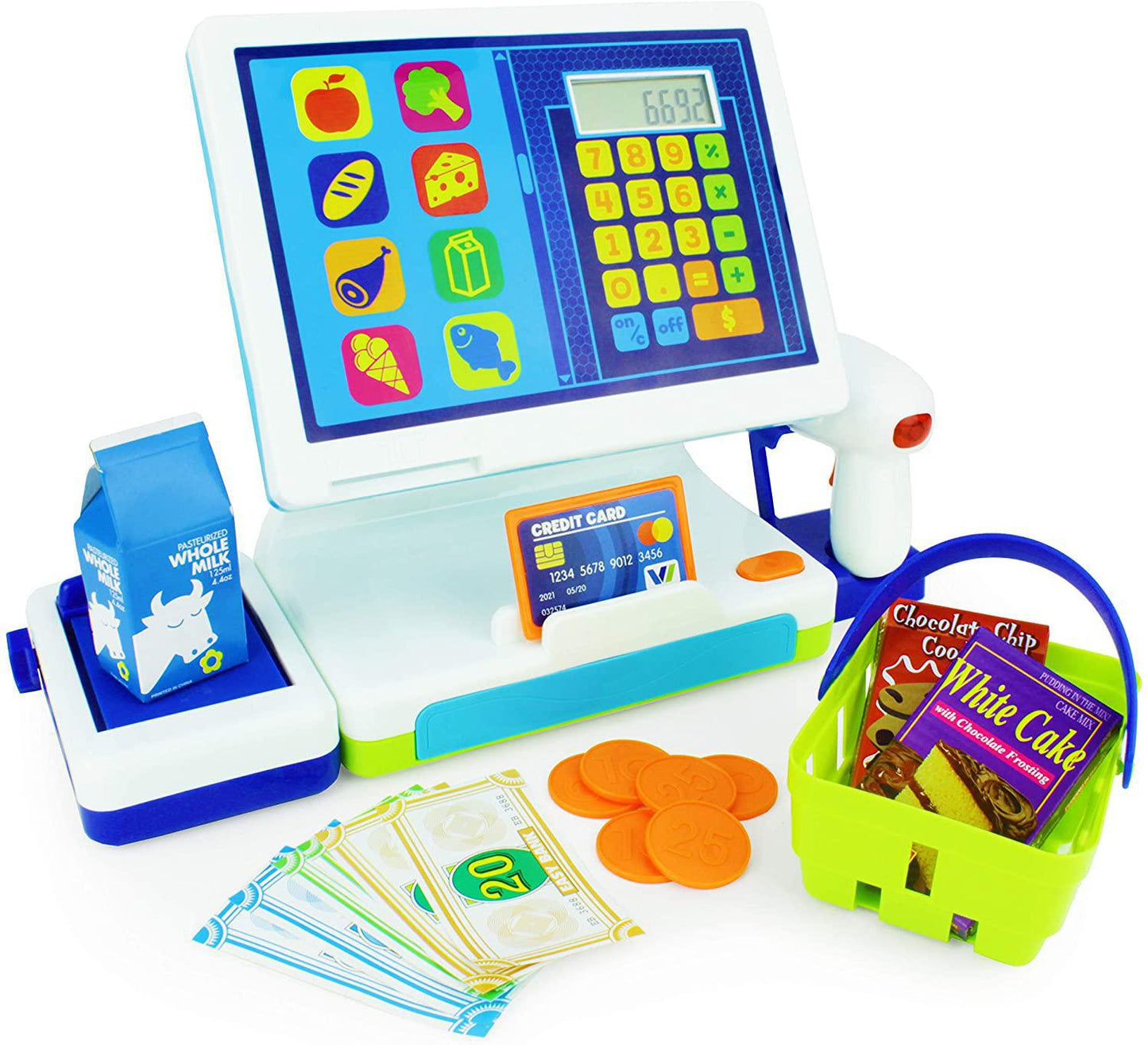 Tablet Cash Register Toy - Cashier Station with Calculator, Play Scanner and Credit Card Reader, Play Food, Pretend Money