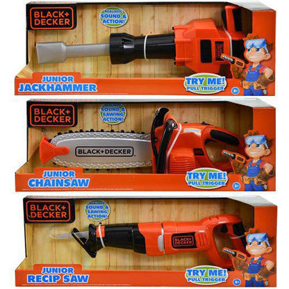 Kids Pretend Play Black & Decker Outdoor Power Tools Assortment Includes Chainsaw, Grass Trimmer, Reciprocating Saw, and Jackhammer