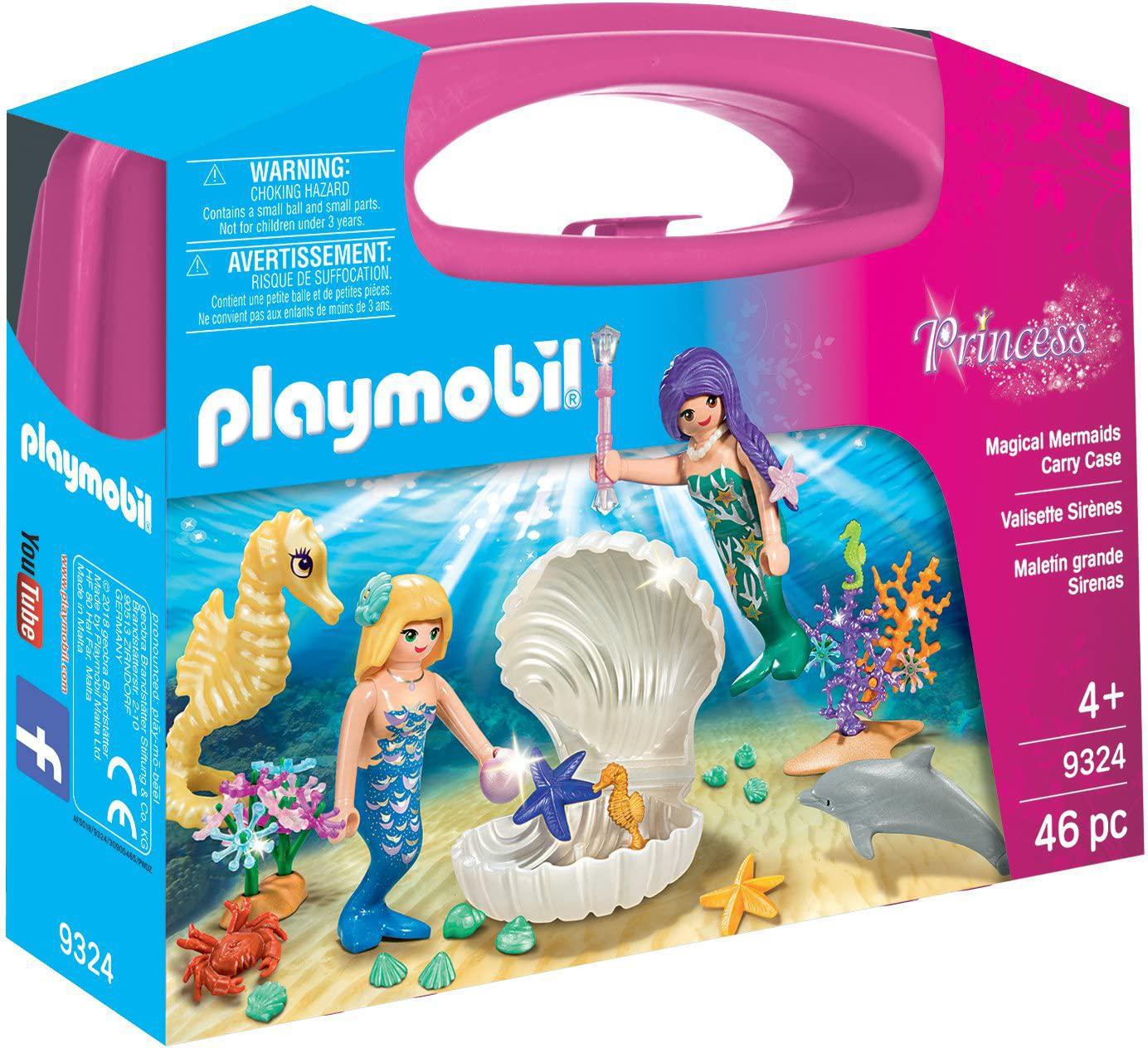 PLAYMOBIL Magical Mermaids Carry Case Building Set, Includes two Mermaids, seahorses, dolphin, large shell, crab, starfish, coral, hair clips
