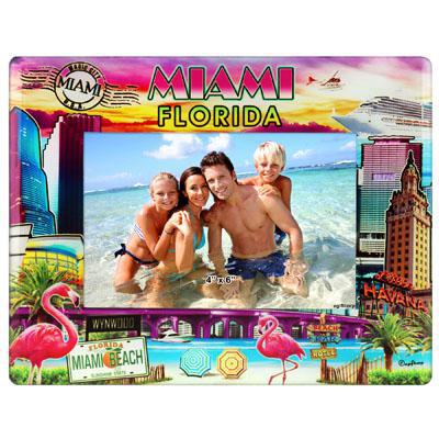 Miami Florida Colorful Scene Glass Photo Frame for 4” x 6” Photo, Multi Color