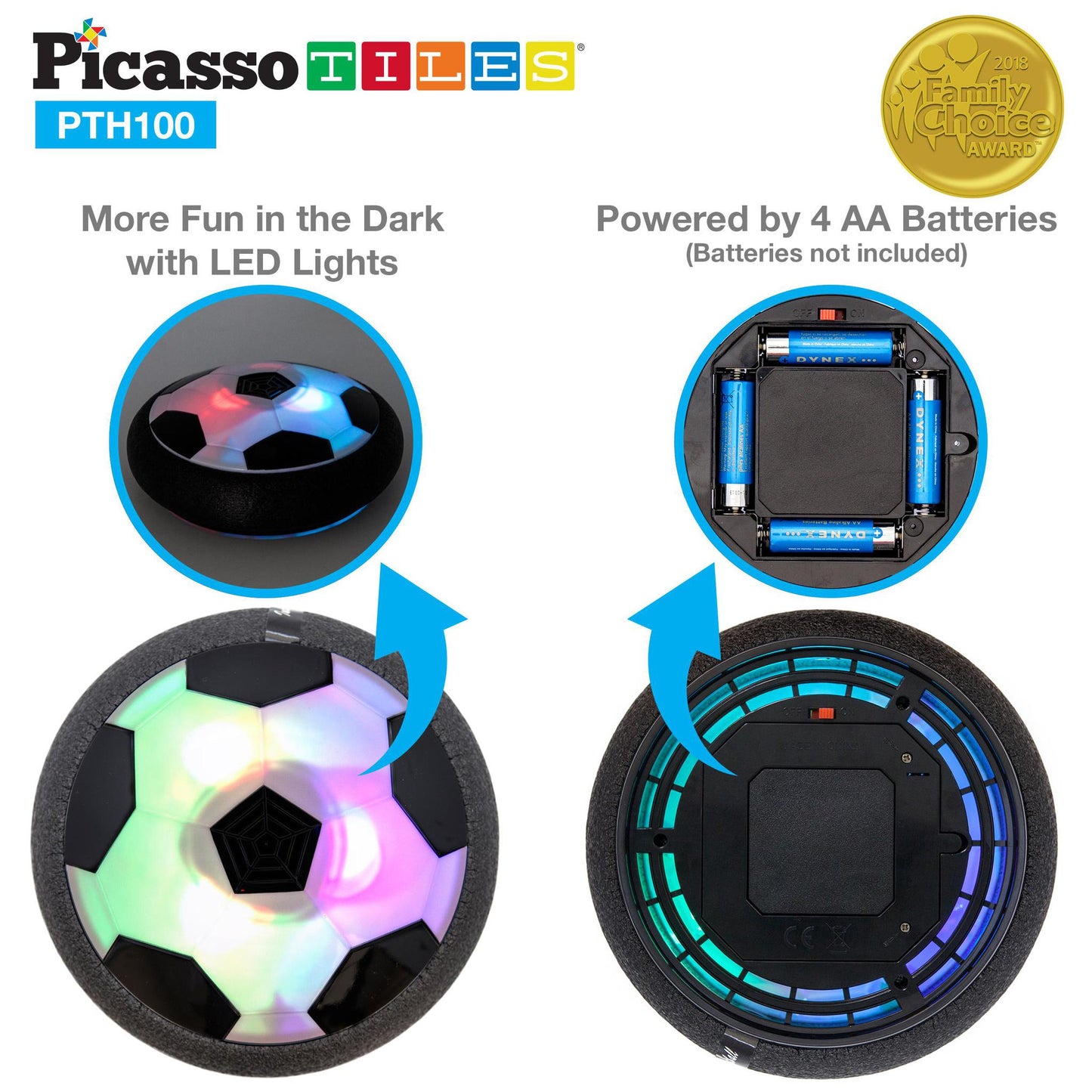 PicassoTiles Soccer Hoverball Air Hockey Electric Power Airlifted with LED Foam Bumper Soft Edge Protector for Indoor Outdoor