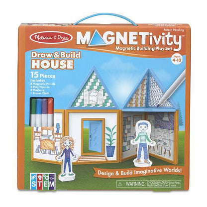 Melissa & Doug Magnetivity Magnetic Tiles Building Play Set – Draw & Build House (15 Pieces, 8 Panels, 4 Dry-Erase Markers)