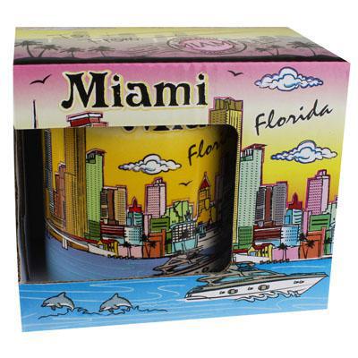 Miami Skyline With Boat Florida Mug - Yellow Hand Painted, Florida Coffee Mugs, Miami Souvenirs, Florida Souvenirs, 11 Oz