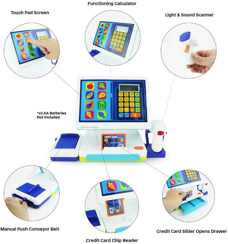 Tablet Cash Register Toy - Cashier Station with Calculator, Play Scanner and Credit Card Reader, Play Food, Pretend Money