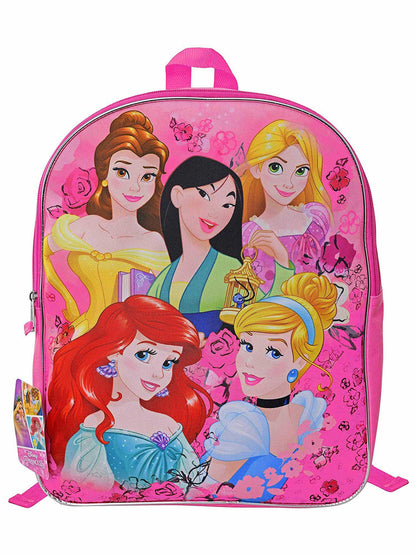 Disney Princesses Pink Ariel Belle, Mulan, Cinderella, and Rapunzel. Backpack, 15 Inches