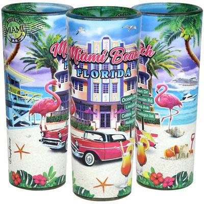 Miami Beach Florida City Tall Clear Shot Glass Feature Scene Skyline In & Out Print Colorful Souvenir Shot Glass