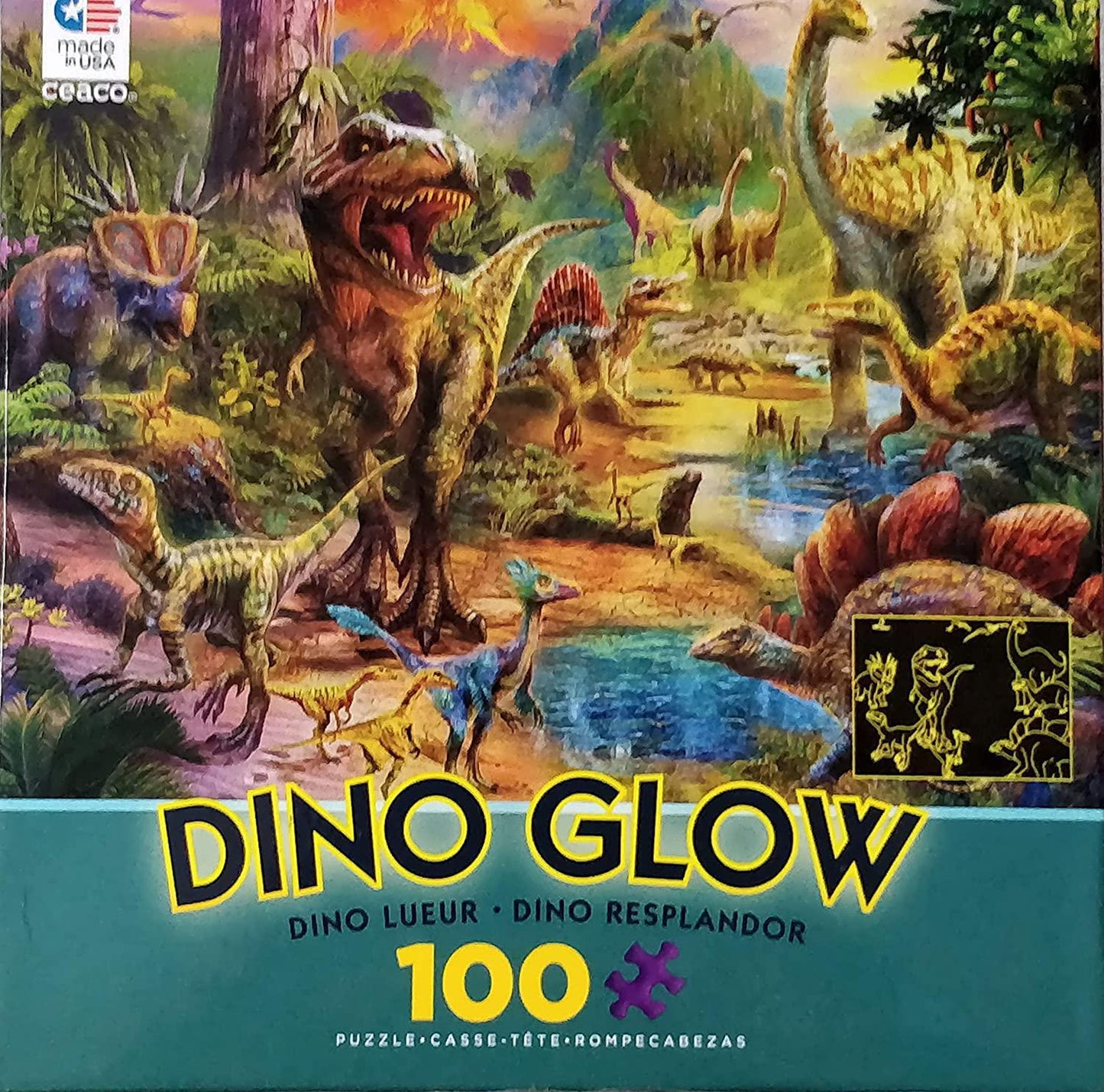 Ceaco 100 Piece Dinosaur Puzzle, Glow In The Dark Dinosaur Puzzles - T-Rex, Stegasaurus and Other Dinosaurs