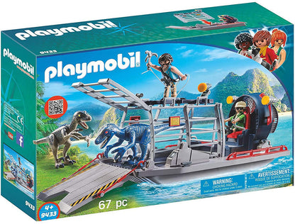 PLAYMOBIL Enemy Airboat with Raptor Building Set - Includes Two Figures, Two Dinosaurs, Removable Cage, Grappling Hook, Gas can