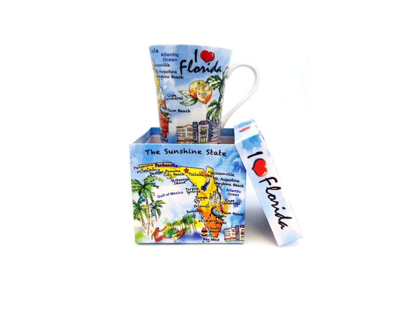Porcelain Mug in a Gift Box, I Love Florida Map - Miami Souvenirs, Florida Souvenirs, 10 Oz