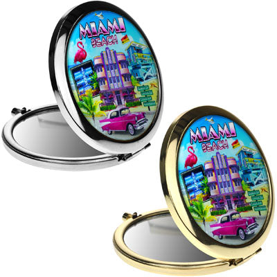 Circle Miami Beach Pocket Mirror on the go Feature Miami Beach Art Deco - Miami Beauty Accessories, 2.5" Multicolor