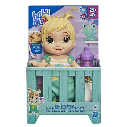 Baby Alive Baby Gotta Bounce Doll, Frog Outfit, Bounces with 25+ SFX and Giggles, Drinks and Wets, Blonde Hair Toy for Kids Ages 3 and Up