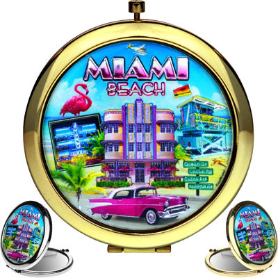 Circle Miami Beach Pocket Mirror on the go Feature Miami Beach Art Deco - Miami Beauty Accessories, 2.5" Multicolor