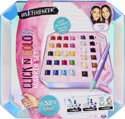 inkFluencer, We Wear Cute Click N Color Marker Set, Activity Kit with 32 Click-on Marker Tips