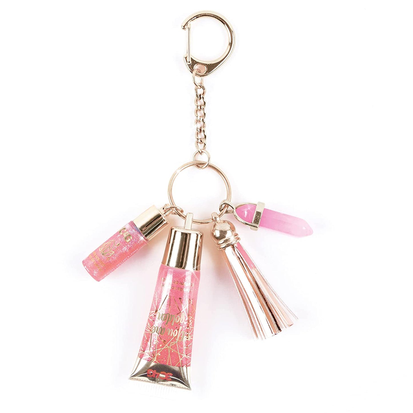 Three Cheers for Girls - Pink and Gold Keychain Lip Gloss - Lip Gloss Keychain for Girls with Two Pink Tinted, Vanilla Flavored Glosses