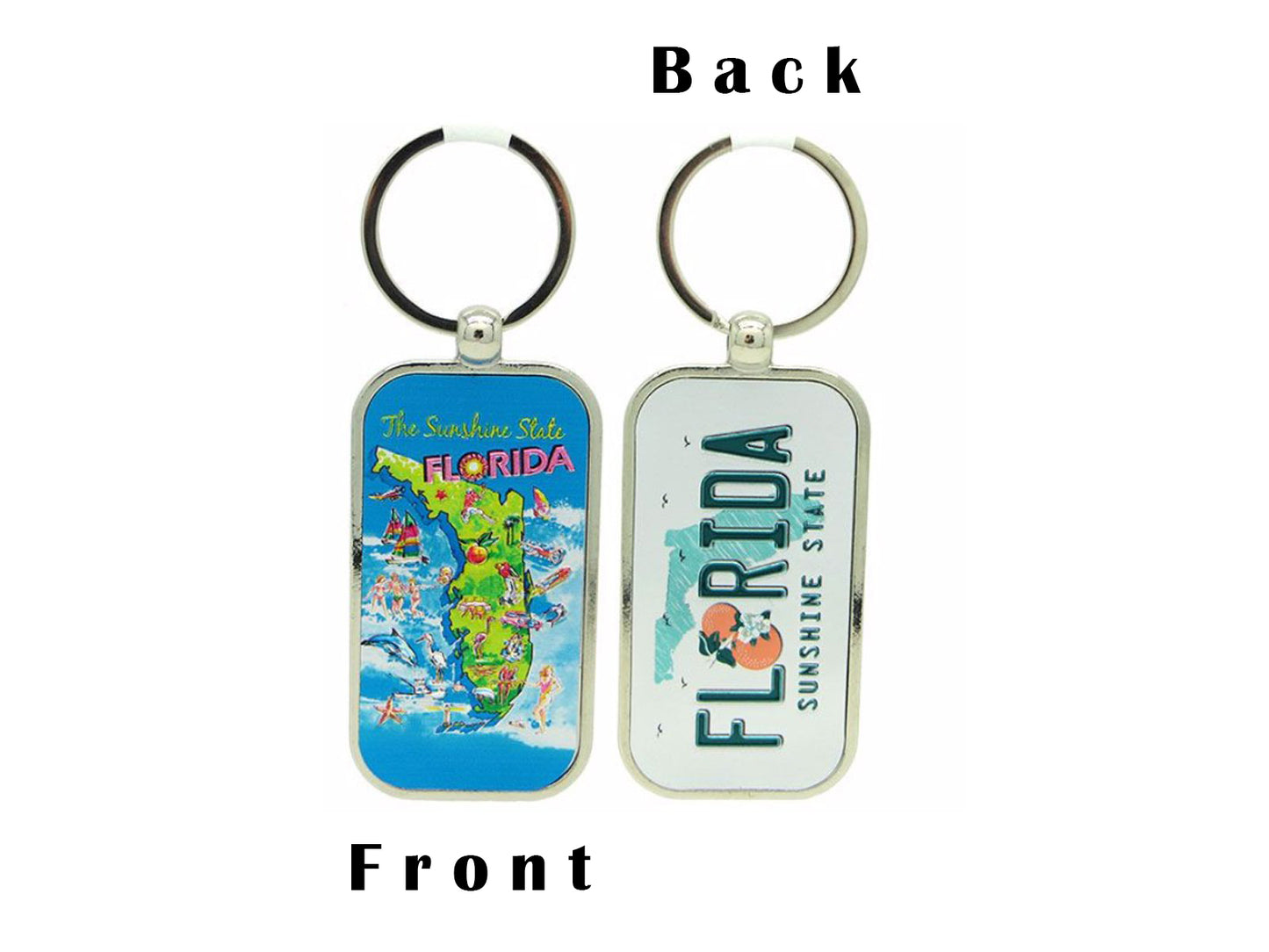 Double Sided Foil Key Chain Tag Florida Map/Miami License Plate Look, Travel Souvenir Gift