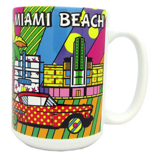 Miami Beach Art Deco Design Mug - Feature Miami Iconic Views, Classic Cars, Palm Trees, Flamingo and more - 11 Oz Coffee Mug